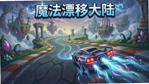魔法漂移大陆游戏主界面截图,展示魔幻赛车在奇幻大陆赛道上漂移,带有魔法光效和氮气加速特效,软件名称魔法漂移大陆醒目显示
