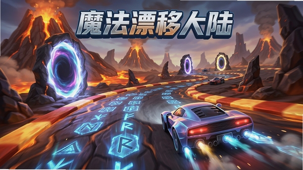 魔法漂移大陆赛道场景展示,火山赛道上有魔法传送门和加速符文,赛车飞驰而过,软件名称魔法漂移大陆