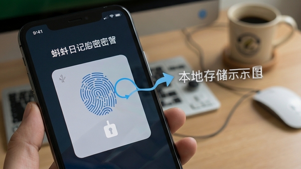 蝌蚪日记加密锁与本地存储示意图,手机屏幕显示指纹解锁界面,突出隐私保护功能