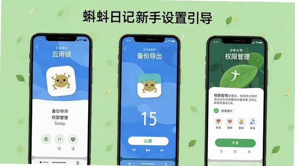 蝌蚪日记新手设置引导图,展示应用锁、备份导出、权限管理三个关键步骤的手机截图