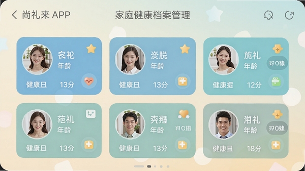 ������APP��ͥ������������ҳ�棬��ʾ�����ͥ��Աͷ��Ƭ��ÿ�ſ�Ƭ�������������估��������ͼ�꣬������ܰ������Ϊǳɫ����