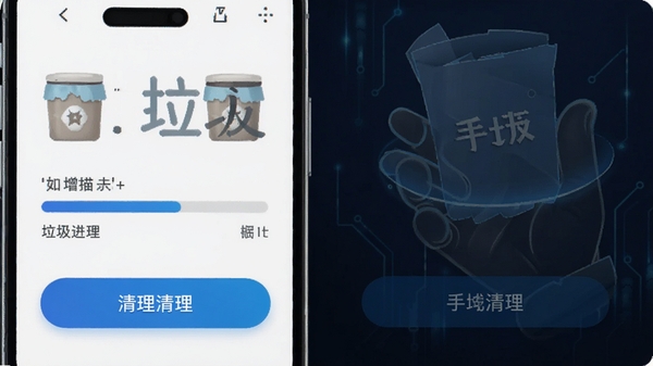 手心清理大师软件界面截图,展示手机垃圾扫描进度和清理按钮,科技感蓝色调,简洁现代风格