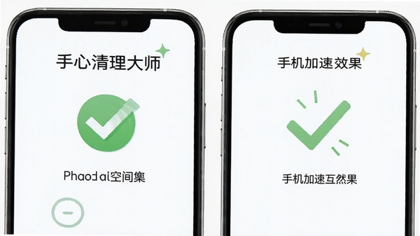 手心清理大师清理完成界面,展示释放空间大小和手机加速效果,绿色对勾图标,清爽界面风格