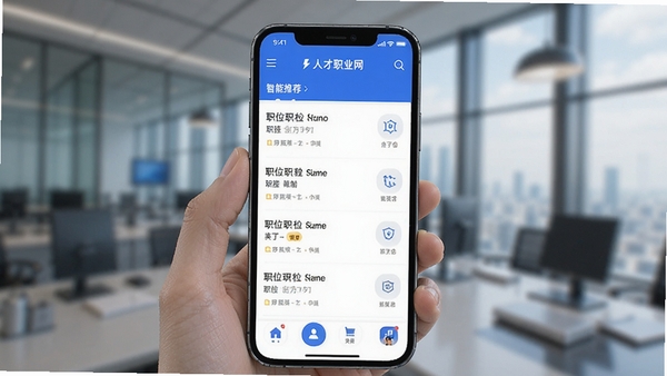 �˲�ְҵ��APP����չʾ���ֻ���Ļ�г���ְλ�б��������Ƽ�ҳ�棬��ɫ��ɫ�����ִ�ְ�����