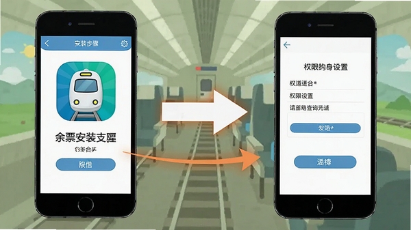 铁路火车余票购票查询软件使用教程示意图,展示手机安装步骤和权限设置界面,包含软件图标和操作箭头指示
