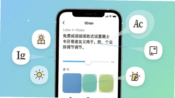 免费电子书阅读界面自定义设置展示,画面中手机屏幕显示文字排版调节滑块与背景色块选项,旁边漂浮着字体、亮度、翻页动画等图标,背景为柔和渐变蓝绿色,突出个性化阅读体验与护眼功能