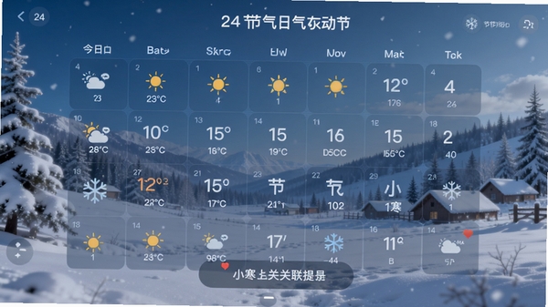 24节气日历天气与节气联动界面,展示今日温度与当前节气小寒的关联提示,背景为冬日雪景