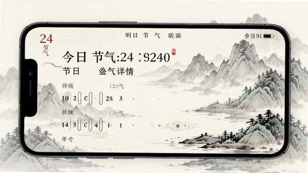 24节气日历软件主界面展示传统农历与节气信息,清新中国风设计,手机屏幕显示今日节气详情,背景为水墨山水风格