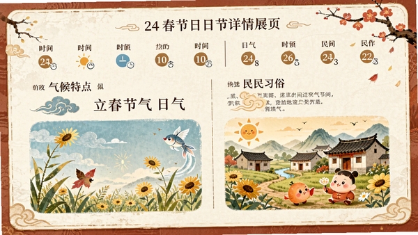 24节气日历节气详情页面展示,显示立春节气时间、气候特点与民间习俗,配有精美插画