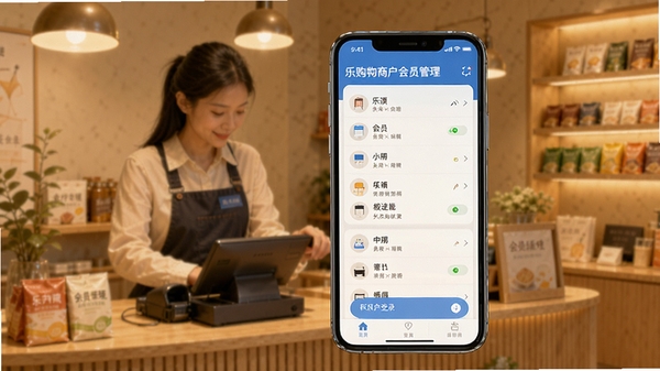 乐购商户版会员管理功能展示,手机界面呈现会员列表与积分变动记录,背景为温馨的店铺服务场景,体现精细化客户运营