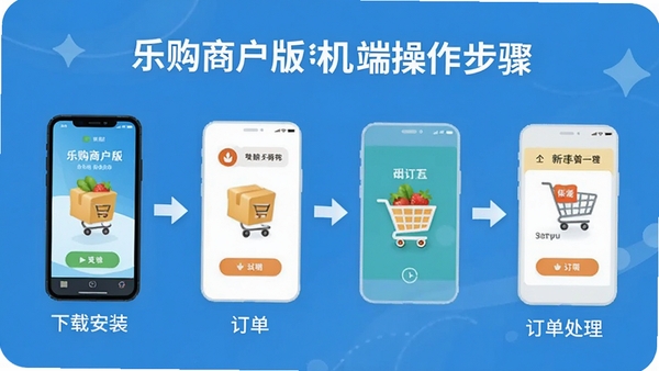 乐购商户版手机端操作步骤示意图,展示从下载安装到订单处理的完整流程,画面简洁清晰,适合新手参照操作