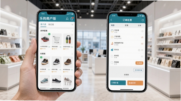 乐购商户版店铺管理界面展示,手机屏幕中呈现商品列表与订单处理页面,背景为明亮的现代商铺环境,突出高效便捷的移动端经营体验