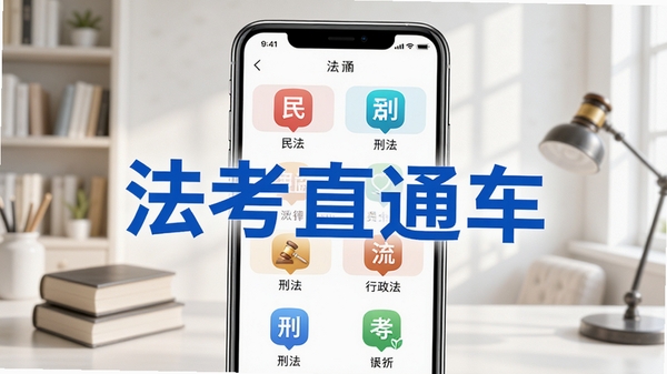 法考直通车APP主界面展示,手机屏幕中呈现法律考试题库分类列表,包含民法、刑法、行政法等科目图标,背景为简洁明亮的书房环境,画面中央用醒目的蓝色字体标注