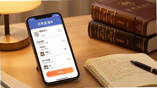 法考直通车错题本功能界面,手机屏幕显示错题列表和重做按钮,旁边有法律书籍和笔记,画面中突出
