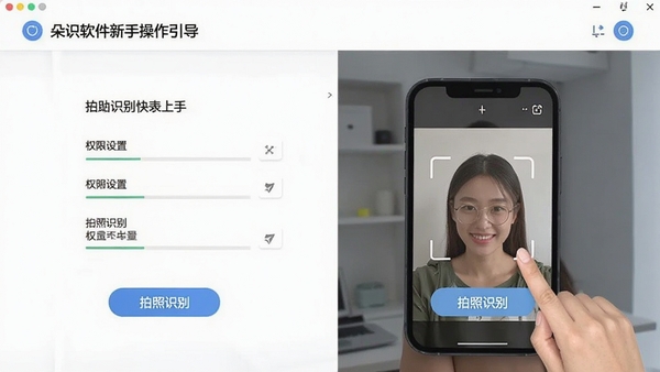 朵识软件新手操作引导界面,展示权限设置与拍照识别步骤提示,帮助用户快速上手使用