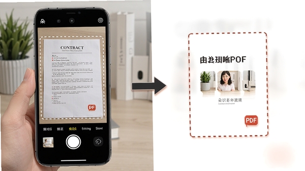 朵识软件文档扫描功能演示,手机拍摄纸质合同并自动裁边校正,生成清晰PDF文档,体现办公便捷性