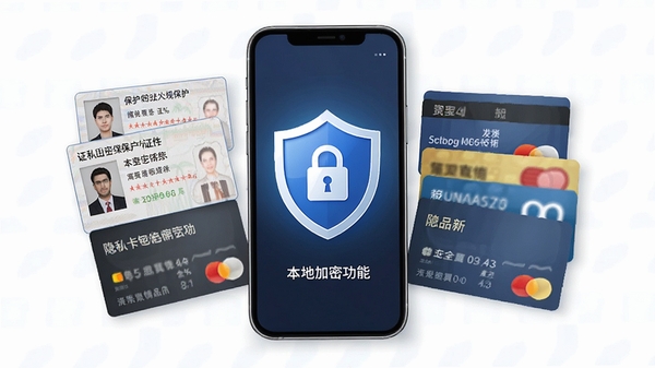 证件卡包安全加密功能示意图,手机屏幕显示盾牌图标与加密锁标志,周围环绕身份证、银行卡等卡片元素,突出隐私保护与本地存储概念