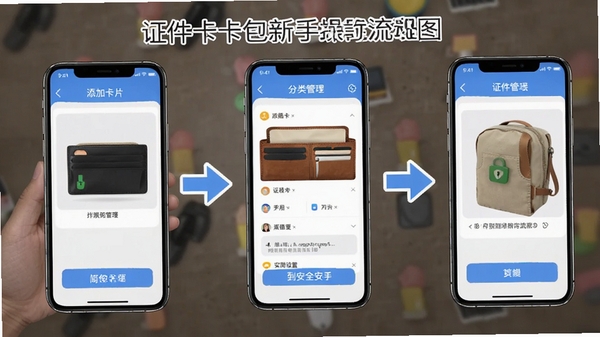 证件卡包新手操作流程图,展示从添加卡片到分类管理再到安全设置的完整流程,手机界面截图配合箭头指引,突出简单易上手的特点