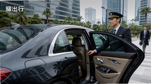 耀出行企业版商务用车场景,一辆高端商务车在城市CBD接送企业客户,身穿正装的司机为乘客开门,画面专业大气,体现企业高端出行服务