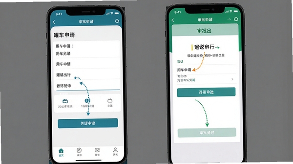 耀出行企业版手机App操作界面截图,展示用车申请表单填写页面和审批通过页面,标注关键操作步骤,界面清晰易读