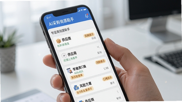 手机屏幕显示AI采购询源助手在移动端流畅运行,界面清晰展示供应商列表与风险提示标签