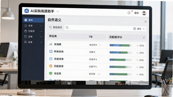 AI采购询源助手界面展示智能语义解析功能,输入自然语言后自动生成供应商列表与匹配度评分