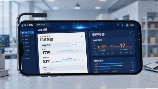 东经易网包装行业数字化管理界面展示,手机屏幕显示订单跟踪与库存预警功能,科技感蓝色调,简洁商务风格