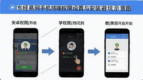 东经易网手机端权限设置与安装避坑示意图,展示安卓权限开启步骤,简洁教程风格