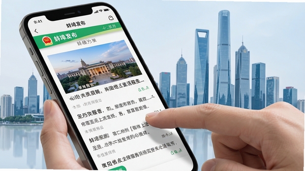 手机屏幕显示蚌埠发布APP的新闻详情页与便民服务页面,手指正在点击屏幕,画面展示流畅的滑动操作与清晰的图文排版,背景为现代城市剪影,体现本地资讯与生活服务的深度融合