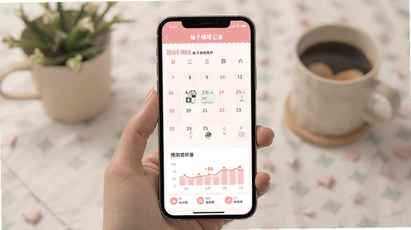 柚子姨妈记录软件界面展示,粉色系女性健康管理应用,手机屏幕显示经期日历和预测图表,温馨简洁风格