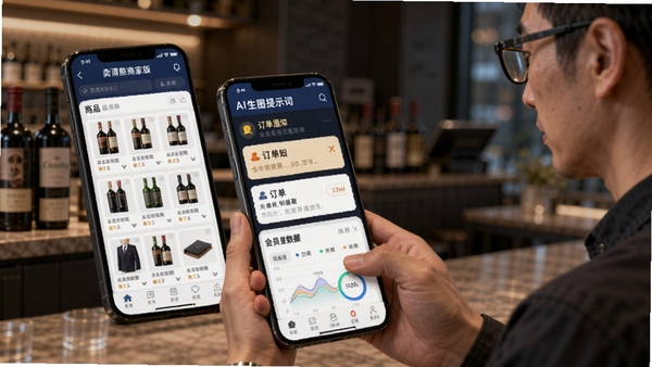 卖酒熊商家版AI生图提示词:一位酒水商家正在使用卖酒熊商家版手机应用管理店铺,画面中显示商品列表、订单通知和会员数据图表,整体风格现代商务,突出高效便捷的数字化管理体验