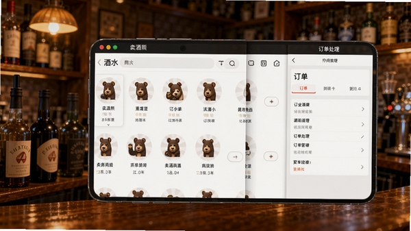 卖酒熊商家版软件界面展示图,手机屏幕显示酒水商品管理列表和订单处理页面,背景为温馨的酒吧或店铺场景,突出便捷操作与专业管理功能