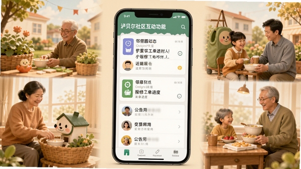 泸贝尔社区互动功能界面,展示邻里圈动态、报修工单进度、公告列表等,手机屏幕周围有社区生活元素,风格温暖亲切