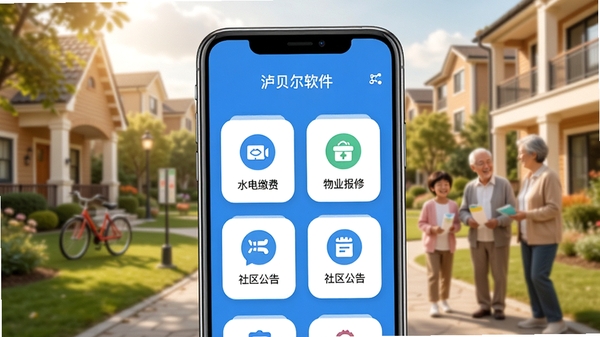 泸贝尔软件主界面展示,简洁清新的蓝色调,手机屏幕中显示水电缴费、物业报修、社区公告等图标,背景为温馨的社区场景,整体风格现代实用