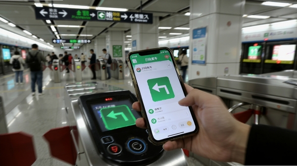 济南地铁APP扫码乘车功能演示,用户手持手机在闸机前扫码,屏幕显示绿色通行箭头,地铁站内环境,动态抓拍风格,突出便捷快速