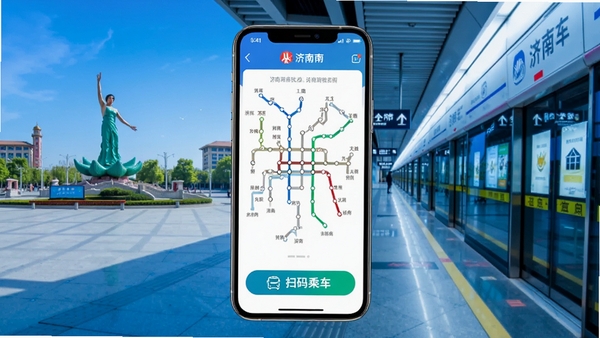 济南地铁APP主界面展示,手机屏幕中显示济南地铁线路图与扫码乘车按钮,背景为济南泉城广场与地铁站台,现代科技感风格,明亮蓝色调,高清UI界面截图