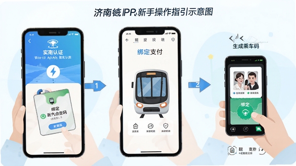 济南地铁APP新手操作指引示意图,手机界面分步骤展示实名认证、绑定支付、生成乘车码流程,扁平化插画风格,简洁明快
