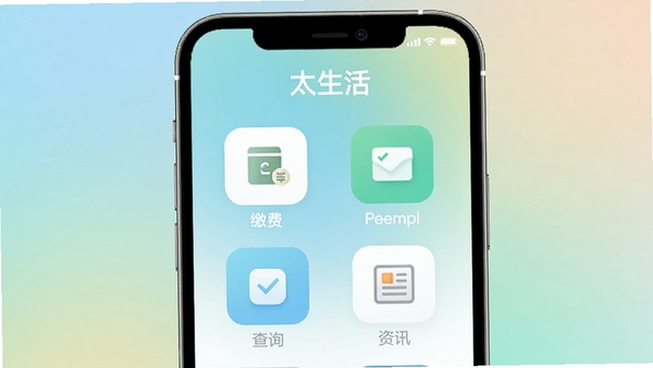 太生活App主界面展示,清新简约的生活服务图标排列,包含缴费、查询、资讯等功能入口,手机屏幕展示,柔和渐变背景,现代扁平化设计风格,突出“太生活”软件名称
