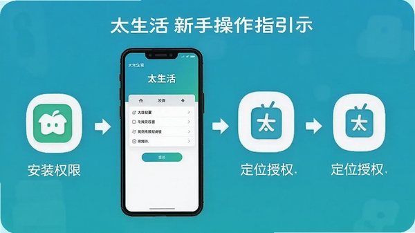 太生活App新手操作指引示意图,手机屏幕展示安装权限设置与定位授权步骤,简洁明了的图标引导,突出“太生活”使用教程