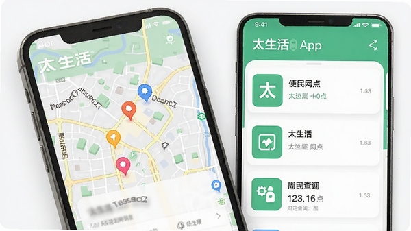 太生活App周边查询功能界面,地图上标注附近便民网点,手机屏幕展示,简洁直观的卡片式信息列表,突出“太生活”周边查询功能