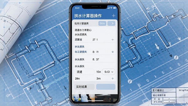 给排水计算器移动端操作界面截图,展示管道水力计算参数输入与实时结果展示,手机屏幕清晰显示流速、水头损失等计算结果,背景为工程图纸风格
