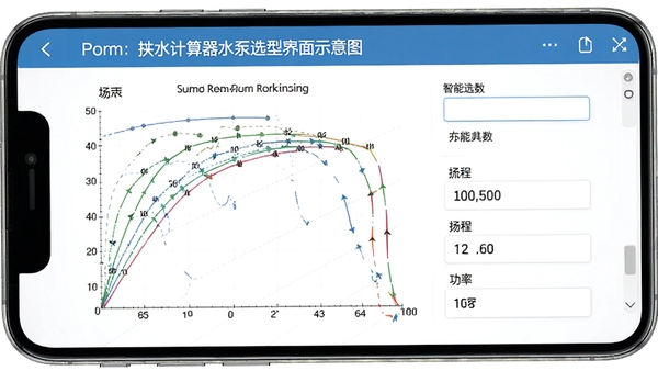 给排水计算器水泵选型界面示意图,手机屏幕显示水泵特性曲线图与选型参数输入框,界面清晰标注流量、扬程、功率等数据,体现智能选型功能