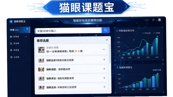 猫眼课题宝智能选题推荐功能界面,展示关键词输入框与推荐选题列表,界面以蓝色科技风为主,包含数据图表元素,软件名称猫眼课题宝醒目显示在顶部