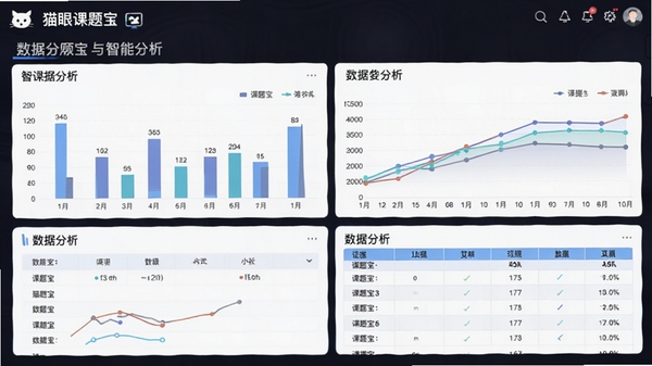 猫眼课题宝数据分析与图表生成界面,展示柱状图、折线图与数据表格,界面简洁直观,突出软件名称猫眼课题宝与智能分析功能