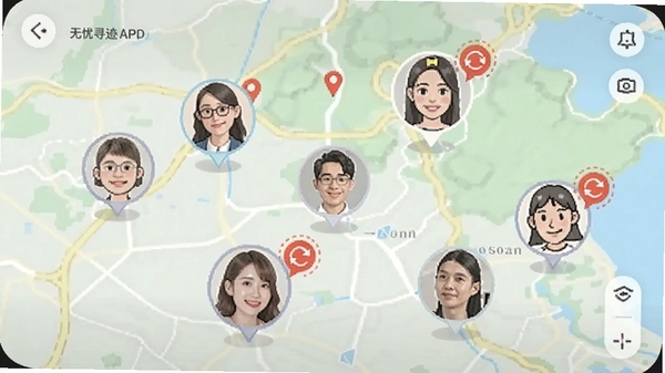 无忧寻迹APP群组位置共享功能演示图,多人头像在地图上分布,带有实时刷新标识