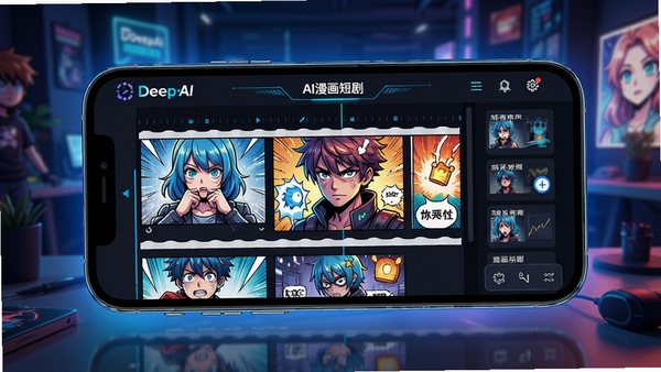 DeepAI���紴����������չʾ��AI�����̾����ɹ�����ҳ�棬�ֻ���Ļ��ʾ�����־��༭���棬ɫ�����ޣ��Ƽ���ʮ��