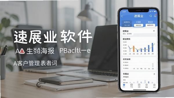 速展业软件生成展业海报与客户管理表格的AI生图提示词,商务办公场景,手机屏幕显示速展业应用,干净明亮