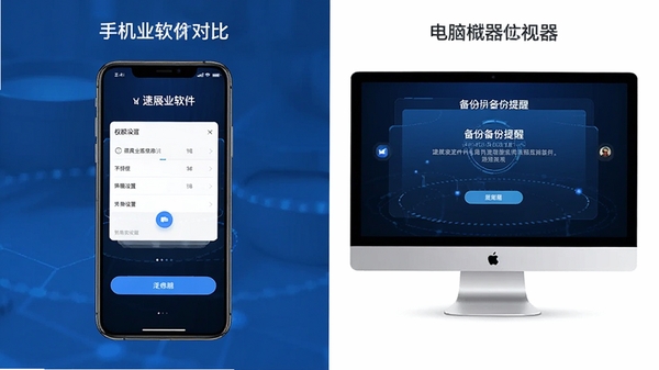 速展业软件在手机与电脑模拟器上的操作界面对比图,展示权限设置与备份提醒界面,科技感蓝色调
