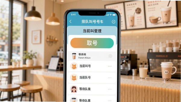 该你啦叫号器APP主界面展示,手机屏幕上显示排队叫号管理面板,包含取号按钮、当前叫号号码和等待队列,背景为温馨的奶茶店场景,画面明亮清晰