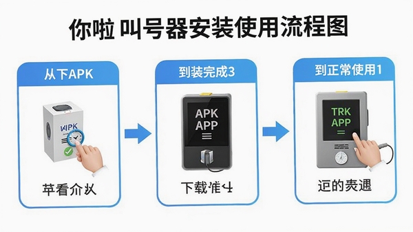 该你啦叫号器安装使用流程图,展示从下载APK到安装完成再到正常使用的完整步骤,画面清晰简洁,适合新手参考
